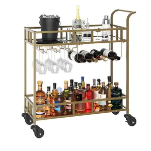 2-Tier Gold Portable Bar Cart with Mirrored Shelves – Rolling Service Trolley with Wine Rack & Glass Holder – Compact Beverage Serving Furniture for Home, Dining & Living Room