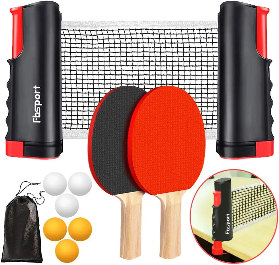 FBSPORT Ping Pong Paddle Set, Portable Table Tennis Set with Retractable Net, Rackets, Balls and Carry Bag for Indoor/Outdoor Games