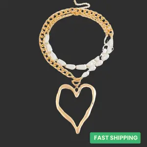 Gold Heart Pearl Layered Necklace Set for Women – Y2K Trendy Choker Jewelry | Cute Statement Pendant Inspired by Hip Hop & CZ Cluster Styles