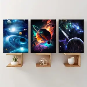 Mysterious Starry Sky Universe Pattern Canvas Painting with Frame, 3 Counts/set Colorful Starry Sky Decoration, Wall Art for Home Living Room Bedroom Office, Ornaments