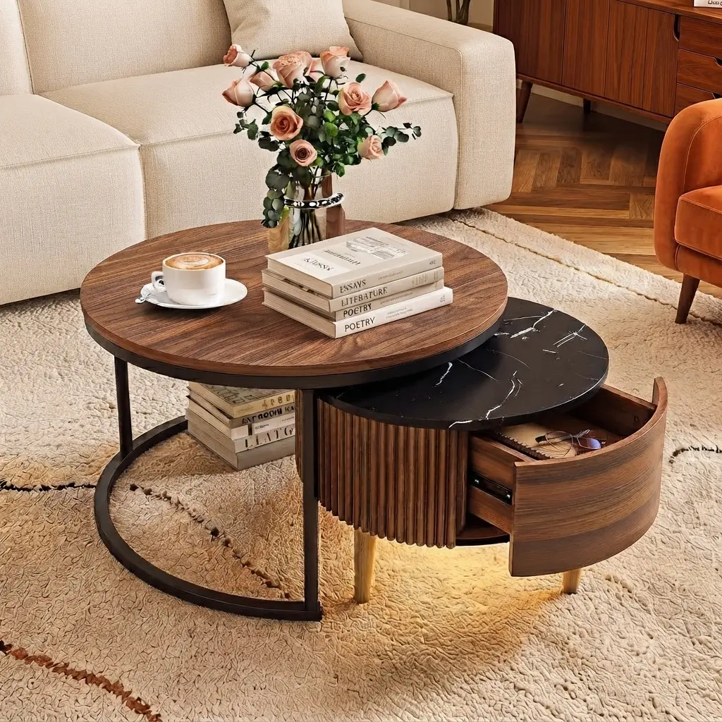 Furmax Mid-Century  Fluted Nesting Center Table Set of 2, Modern Coffee Table with Hidden Drawer Storage & Motion Sensor Light, Walnut & Marble Top, for Small Spaces, Coffee Table Living Room, Home Decor, Apartment Stuff