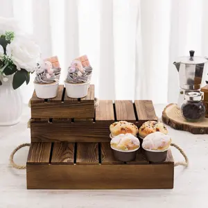 Burnt Wood Pallet Style Dessert Riser Stands with Rope Handles, 3-Tier