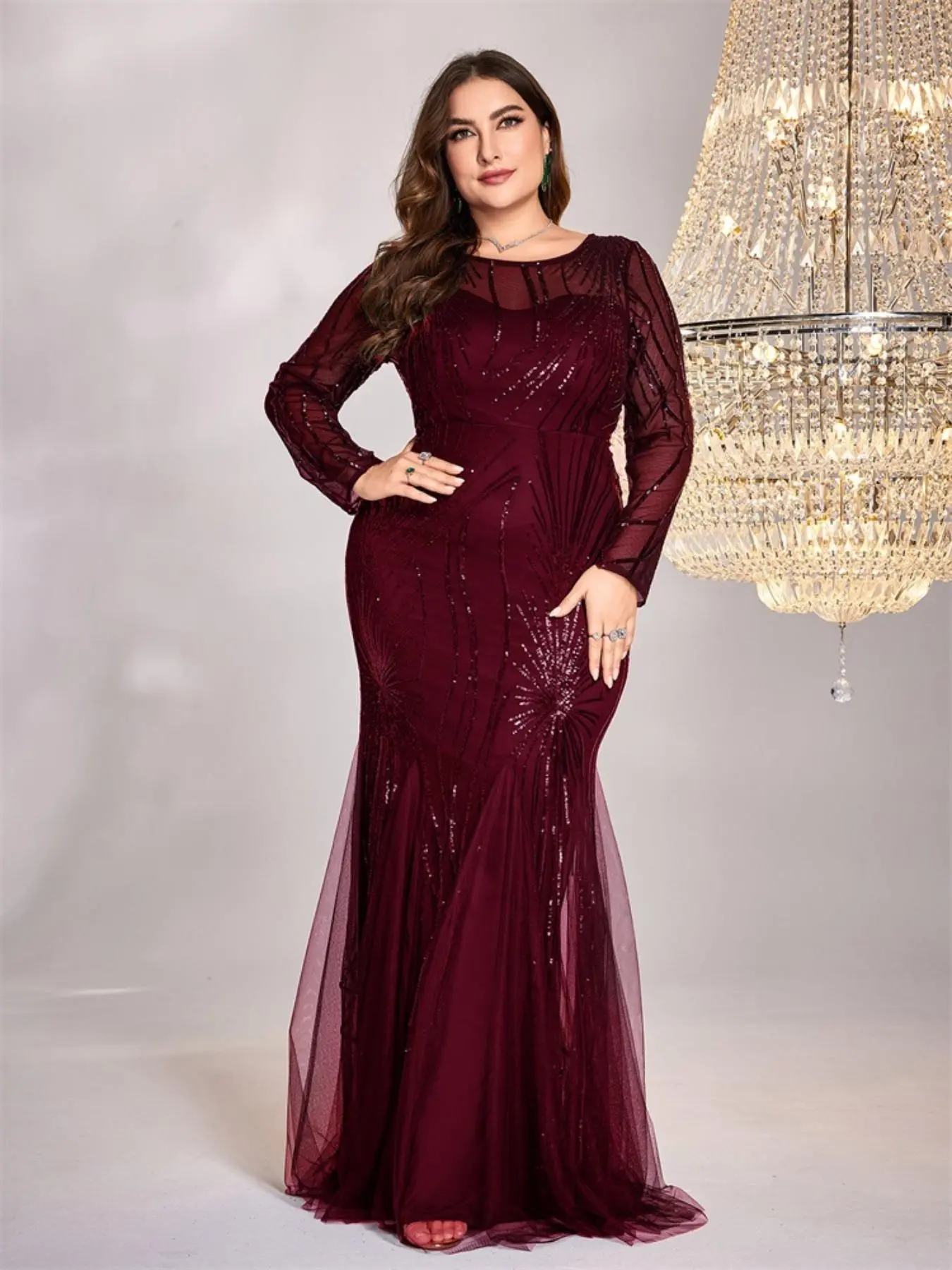 [Plus Size] Glitter Sequins Sheer Round Neck Bodycon Fit Formal Wear Evening Dress, Elegant Long Sleeve Zipper Back Maxi Dress for Party & Banquet, Women's Clothes for Spring & Fall