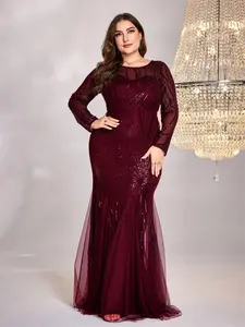 【Plus Size】 Glitter Sequins Sheer Round Neck Bodycon Evening Dress, Elegant Long Sleeve Zipper Back Maxi Dress for Party Banquet, Women's Clothes for Spring & Fall