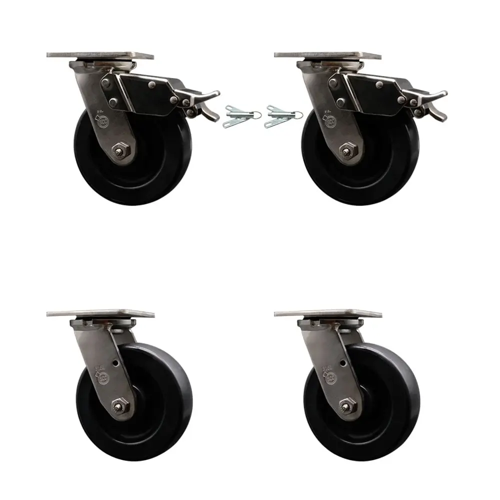 Service Caster SCC-SS316TTL30S620-POR-2-BSL-2 Anti-Rust 316 Stainless Steel Heavy-Duty Chemical Resistant Castors, Set of 4, 2 Swivel with Bolt-On Swivel Locks, 6"x2" Polyolefin Wheels, 2800 lbs Total Capacity for Industrial Equipment Dollies, Commercial