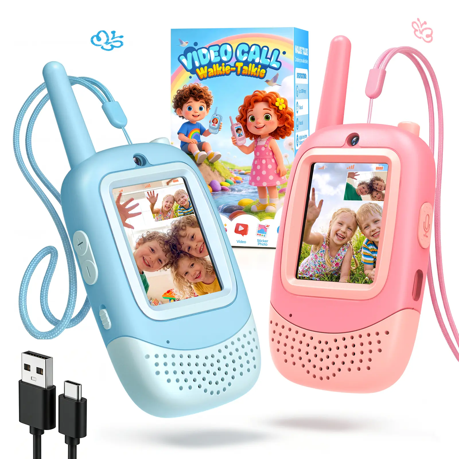 Video Walkie Talkies for Kids, 2 Pack Rechargeable Long Range Kids Walkie Talkies with Video Call, Indoor Outdoor Toys for Camping, Travel, Birthday Gifts for Boys Girls Age 3-12(Blue/Pink)