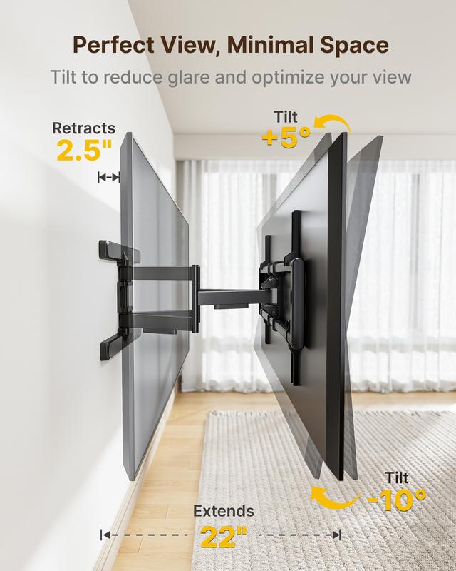 Full Motion TV Wall Mount for 13–95 Inch Flat & Curved TVs and Monitors, Swivel & Tilt Articulating Bracket, Holds up to 132 lbs, Perfect Center Design Adjustable