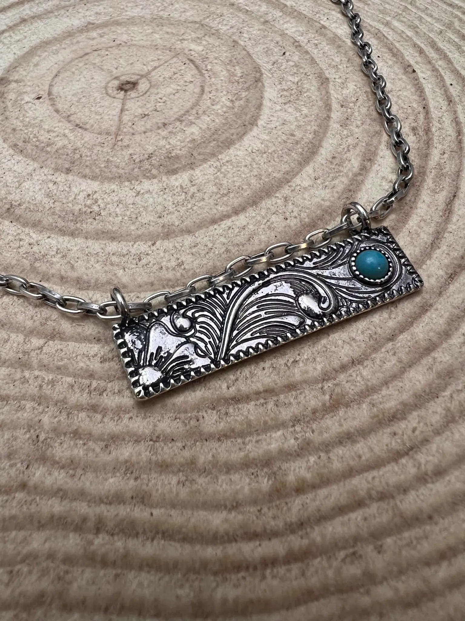Western Faux Tooled Bar Necklace with Faux Turquoise — 18 Inch with Extender