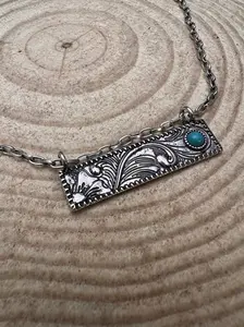 Western Faux Tooled Bar Necklace with Faux Turquoise — 18 Inch with Extender
