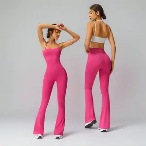 Women's Strapless Suspenders Flared Trousers Fitness Training Tights Sleeveless Yoga Trousers Peach Hip Sports Leggings Sexy Yoga Bodysuit Abdomen Tucking Fitness Quick Drying Outdoor Workout Suit Backless Sports Jumpsuit, Leggings Bodysuit, Bodysuit With