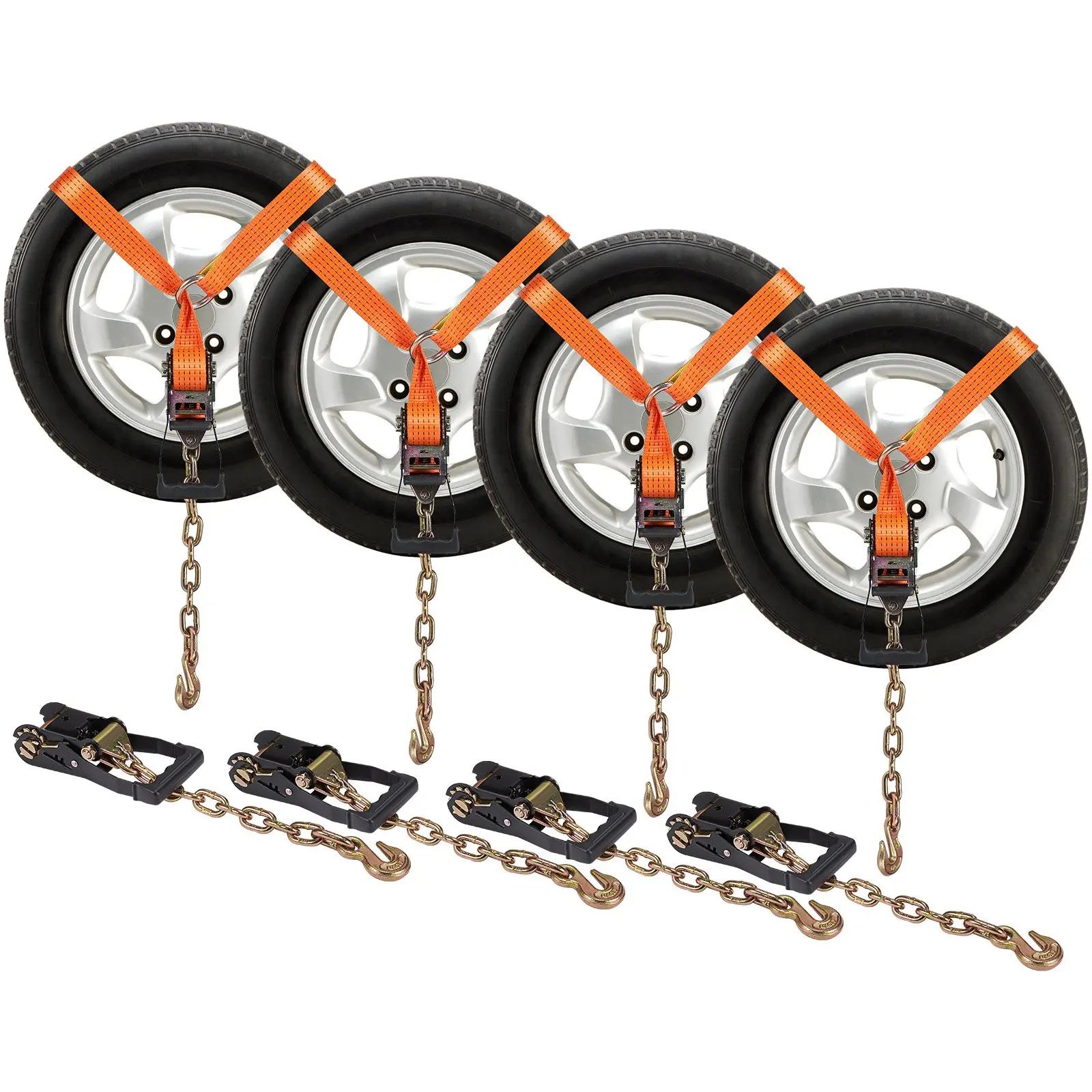 【summerfinds】VEVOR Industrial Heavy Duty Ratchet Buckle Luggage Straps with Chain Anchors, 4-Pack, 2"×120" Lasso Style, 5865 LBS Working Load, 11023 LBS Breaking Strength, for Passenger Cars, Motorcycles, Trailers | Father's Day Gift, Inches, Low Clearanc