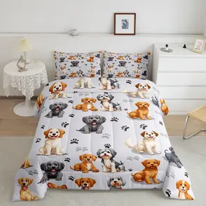 Cute Dog Designer Comforter Set,Cartoon Dogs Luxury Bedding Set,Pet Dog Puppy Animal Lover Comforter,Lovely Dog Paw Down Alternative Comforter