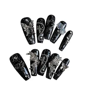 Hand Pressed Coffin Shape Nails, Valentine's Day Gifts, Fake Nails, Nail Art, Dark Silver Butterflies, Vintage Chain Accessories, Reusable Nail Supplies, Handmade Press On