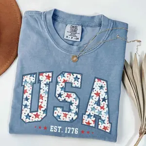 Comfort Colors USA Retro Shirt, 4th of July Patriotic Graphic Tee, Vintage America T Shirt, Red White Blue Independence Day Outfit - AL