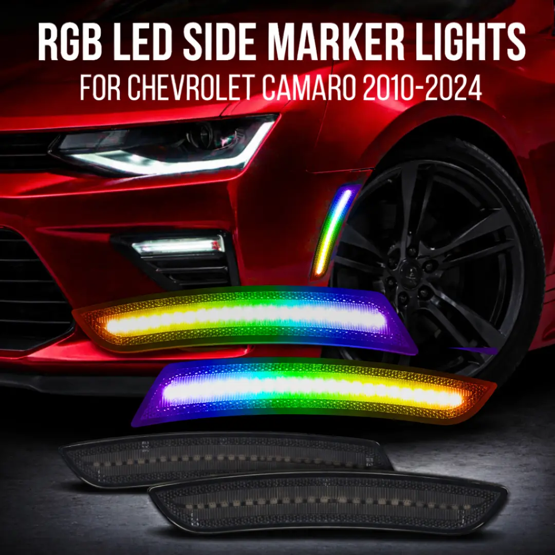 AutoJeweler RGB LED Side Marker Lights 4-Pack, Car Lighting Accessories for Chevy Camaro (2010-2024) - Smoked Lens, Remote Controlled, Plug & Play