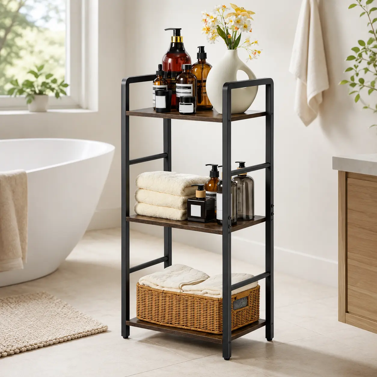 Aquzee 3-Tier Narrow Wood & Metal Freestanding Shelf - 33-44 lb Capacity, Space-Saving 3-Layer Storage Rack Kitchen Furniture with Easy Installation, Metal Organizer Shelf Open Shelving Kitchen Furniture for Bathroom, Office, Metal Organizer Shelf Kitchen