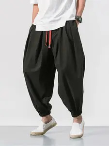 Men's Pocket Drawstring Waist Harem Pants, Casual Comfy Pants for Daily Outdoor Wear, Birthday Clothes, Mens Pants 2024,  Woven Bottoms for Spring & Fall, Fall Outfits Baggy Black goku  pants Fathersdaygift Wide Sweatpants Menswear Beige Plain Tropical