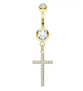 Gold PVD Cross CZ Belly Button Ring