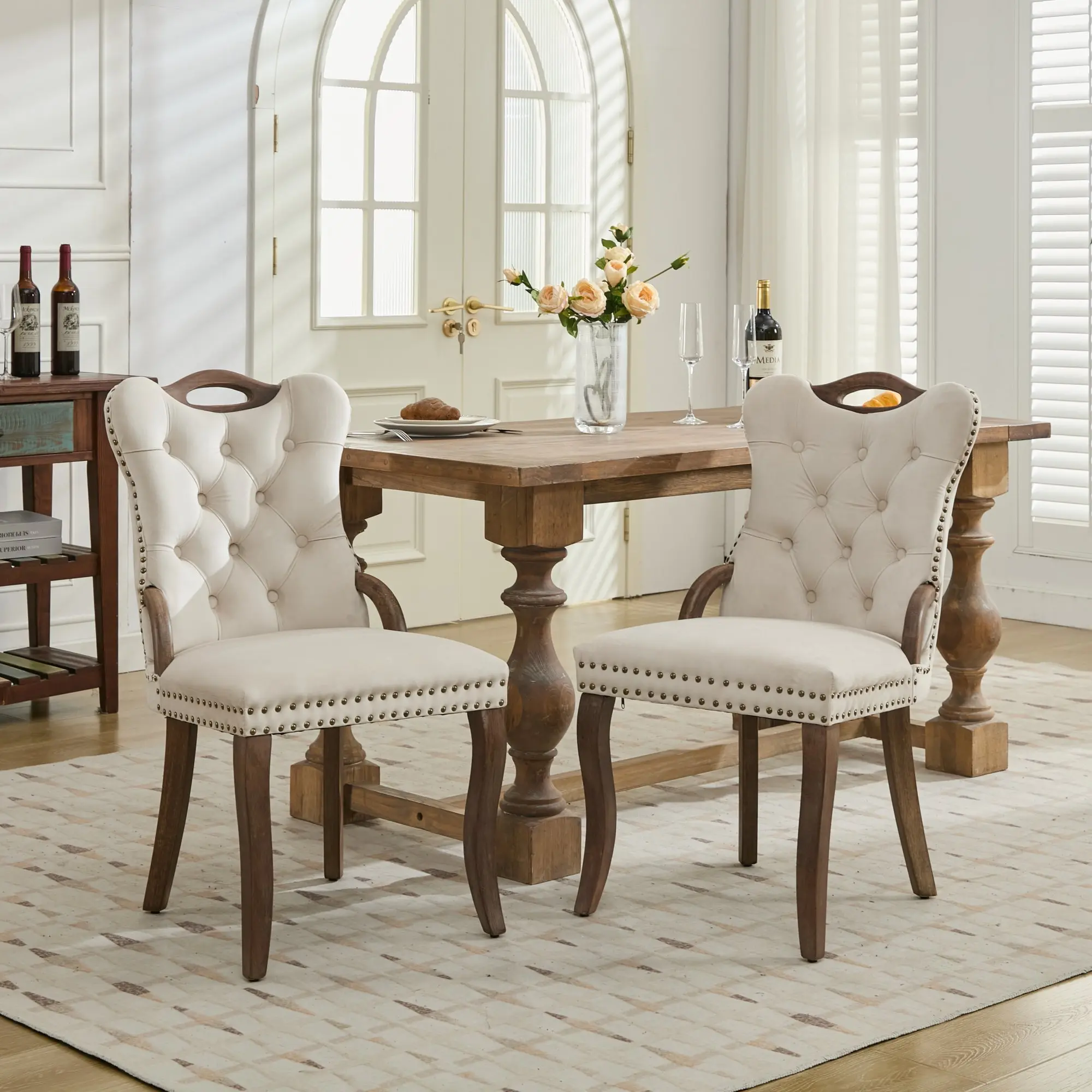 Velvet Dining Chairs Set of 2, Handmade Tufted Wingback with Solid Wood Handles & Copper Nails, Curved Wood Legs, Elegant Accent Chairs for Living Room, Beige