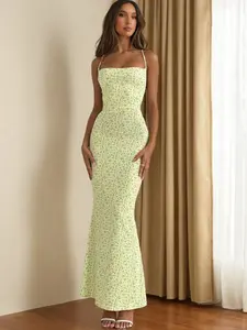 French Floral Backless Cross Strap Long Dress, Slimming Mermaid Tail Design, Light Romantic Style, Perfect for Dates and Vacations, Women