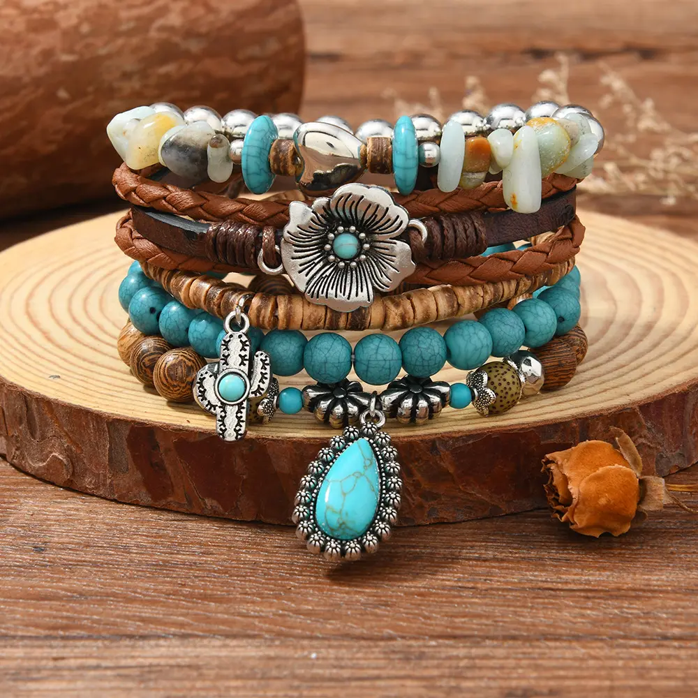 Women's 5-Piece Vintage Boho Leather Bracelet Set, Multilayer Western Braided PU Bangles with Turquoise, Cactus, Wood & Cactus Flower Charms, Stackable, Ethnic, Daily Wear, Unisex