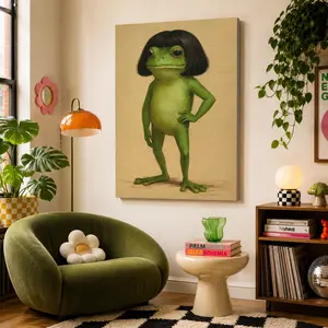 Whimsical Frog Portrait Canvas Poster Funny Animal Abstract Mimalist Green Funny Frog Poster Art Print Bob Haircut Kids Playroom Decor Frog Lover Gift Unique Wall Art quirky wall decor opossum humor artwork funny poster unique art decor Decoration