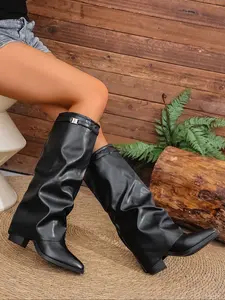 Women's leather folding classic buckle high top boots, thick heel fashionable design, plus size women's boots, durable and comfortable shoes, lapel pleated boots, solid color flip knight boots, fashion boots, knee boots