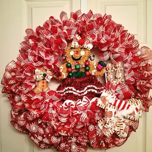 Gingerbread Holiday Wreath - Red and White Mesh with Gingerbread Man and Cookies Unique Design Exclusive Creation