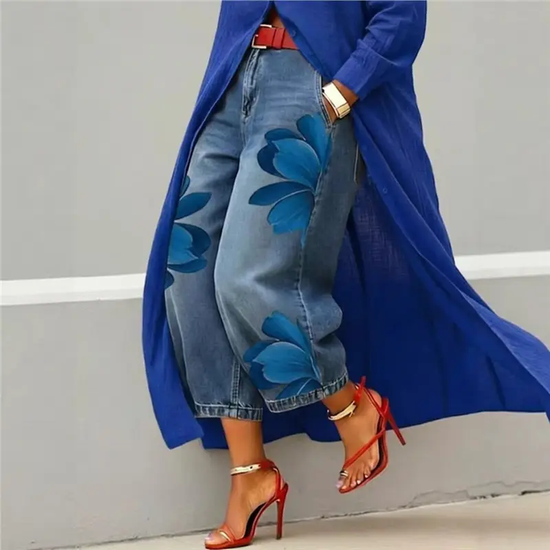 2026 New Women's Faux Denim Printed Loose Jeans Casual Versatile Wide-Leg Trousers