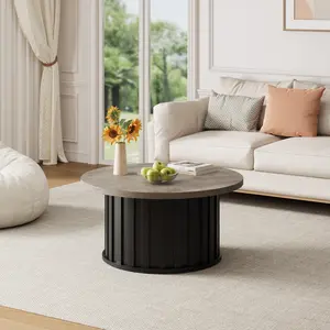 Round Coffee Table with Metal Base, Mid Century Modern Coffee Table with Metal Base, 31.9 in Fluted Center Table for Living Room, Home Small Space, Apartment