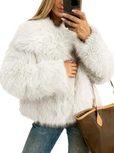 Women's Faux Fur Coat Winter Long Sleeve Lapel Cropped Jacket Warm Shaggy Overcoat Outerwear with Plush Fuzzy Fabric Snap Button Closure for Casual & Formal Wear - Womenswear
