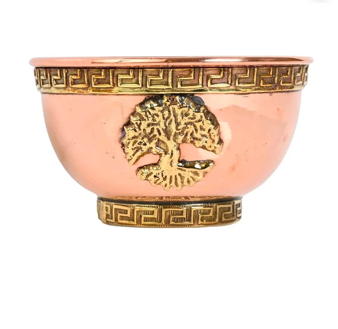 Artisan Crafted Copper Incense Burner Altar Bowl - 3" Diameter, 1.75" Height, Decorative Resin Religious Home Decor, Tree of Life Design Smudge Pot for Charcoal Burning, Incense Sticks, Handmade Craft