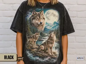 Howling Wolves Mountain Scene T-Shirt, Vintage Graphic Tee, Full Moon Wildlife Graphic, Comfort Colors Wolves Shirt, Wolf Lover Gift