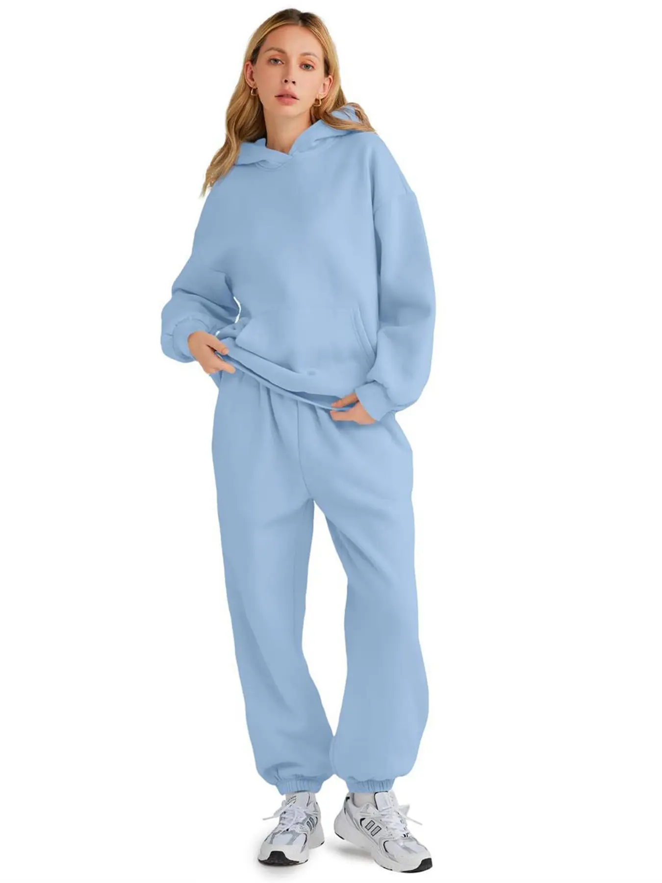 Women's Plus Size Soft Electric Blue 2-Piece Sweatsuit Set Outfit - Loose Hoodie & Sweatpants, Practical Lounge Set for Fall Casual Wear, Travel