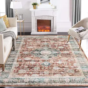 Washable Area Rug Bohemian Style Rug Vintage Printed Rug Border Rug Home Decor Rug Anti-Stain Anti-Slip Suitable For Living Room Bedroom Kitchen