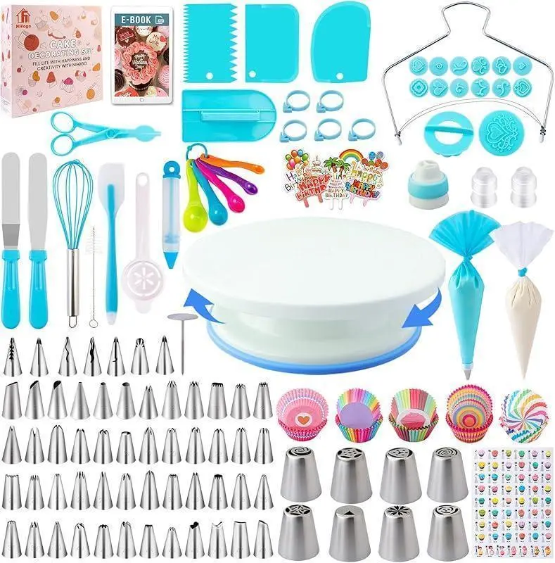 356-Piece Food-Grade Baking Pan & Cake Decorating Single Set for Beginners - Easy to Use, Includes Turntable, Icing Tips, Spatula, Scraper, Fondant Molds, Pastry Utensils