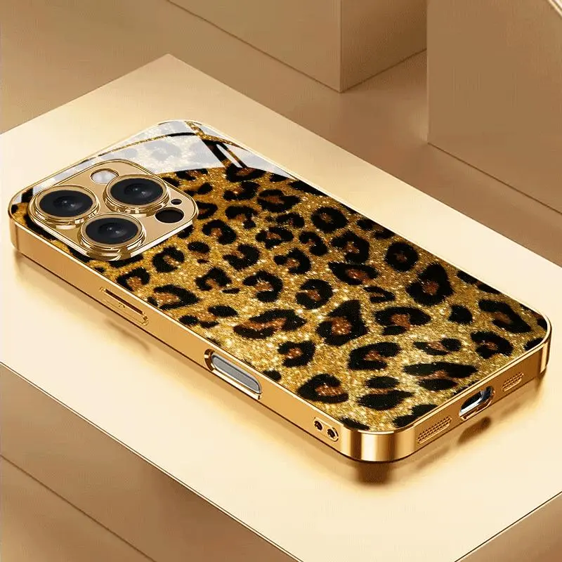 2025 New Gold Leopard Print Luxury Electroplated Glass Smartphone Case, Scratch-Resistant, Dirt-Resistant Protective Cover for iPhone 17/17 Air,16/16E,15,14,13,12,11 (Pro,Pro Max,Plus) - Mobile Phone Protection Accessories