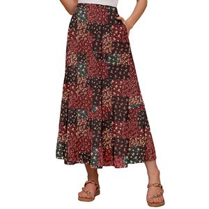 Women's High Waisted Maxi Skirt,Elastic Chiffon Boho Long Skirt with Pockets Fit Pleated Bohemian Beige Floral Fit Bottom Summer Outfits