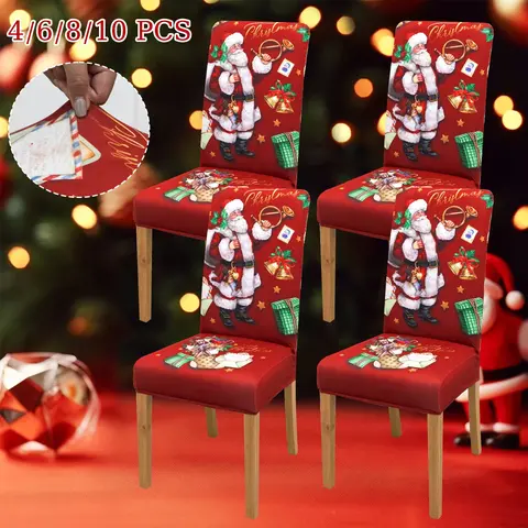 Elastic Stretch Christmas Chair Covers Set, Santa Snowman Print, Holiday Decorations, Ideal Gift for Friends & Family, Dining Chair Slipcover, Stretchy Chair Covers