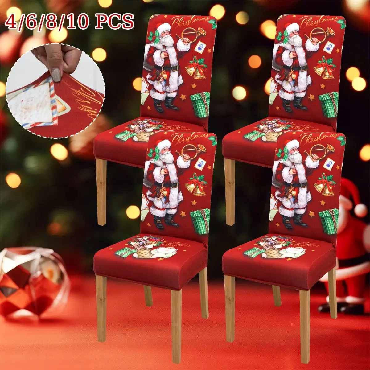 Elastic Stretch Christmas Chair Covers Set, Santa Snowman Print, Washable Holiday Decorations, Ideal Gift for Friends & Family