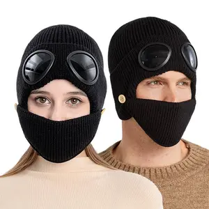 Women's 2-in-1 Tactical Windproof Winter Knit Beanie - Thermal Lined Cap with Built-in Face Cover, Ear Protection, Original Design Goggles Mask, Balaclava for Motorbike