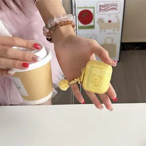 Curved edge bright light yellow minimalist Little Bear headphone protective case with yellow fur ball pendant for AirPods 1 2 3 4 Pro Pro2