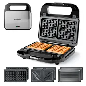 KEINVE 3-in-1 Sandwich Maker, Waffle Maker and Panini Press Grill, 800W Electric Breakfast Machine with 3 Detachable Non-Stick Plates, LED Indicator Lights, Cool Touch Handle with Latch, Black