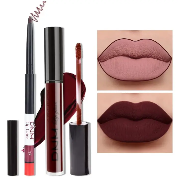 evpct 2Pcs Dark Deep Burgundy Red Matte Lipstick and Lip Liner Makeup Set for Women Dark Blood Red Liquid Matte Brown Lipstick Lip Liner Stain long lasting waterproof Permanent Lipsticks 24 hours 17#