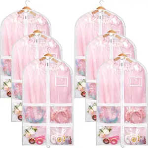 Nuenen 6pcs Garment Bags for Dance Costume Clothing Bags Hanging Clothes Clear Dance Garment Carrier for Dancers with 5 Zipper Pockets Closet Hanging Clothes Cover (White)