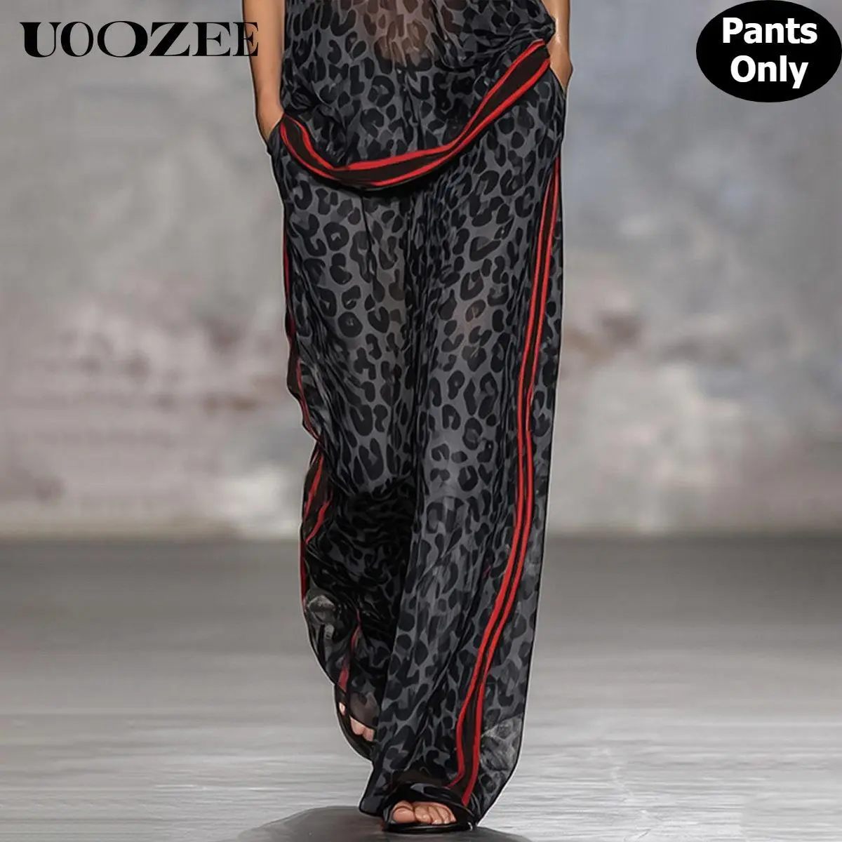 Women's Leopard Print Chiffon Palazzo Pants - Edgy Polyester Wide Leg Trousers with Elastic Waist, Pockets & Red Side Stripes for Summer Outdoor