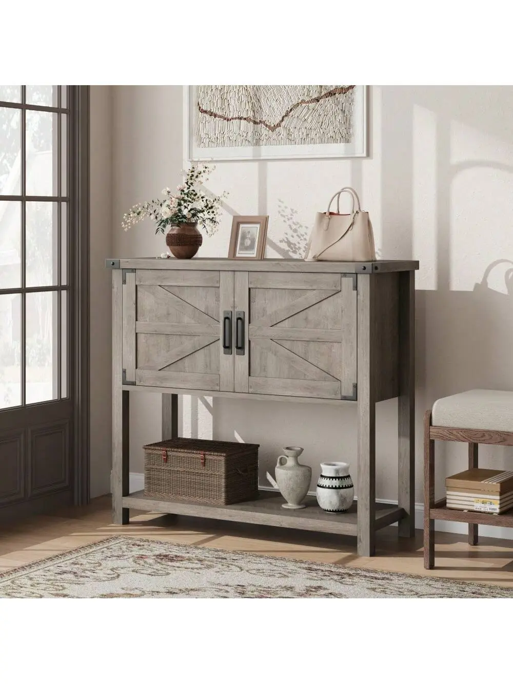 【Christmas Gift】Farmhouse Entryway Table With 2-Door Cabinet, Wood Console Table With Storage, Coffee Bar Cabinet, Sofa Tables Buffet Sideboard For Kitchen, Hallway, Dining, Living Room-Grey