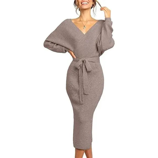 Goranbon Women's Long Sleeve Elastic Pullover Maxi Sweater Dress - Sexy Wrap, Batwing V-Neck, Slit, Backless, Belted Casual Holiday Bodycon Dress, Elegant