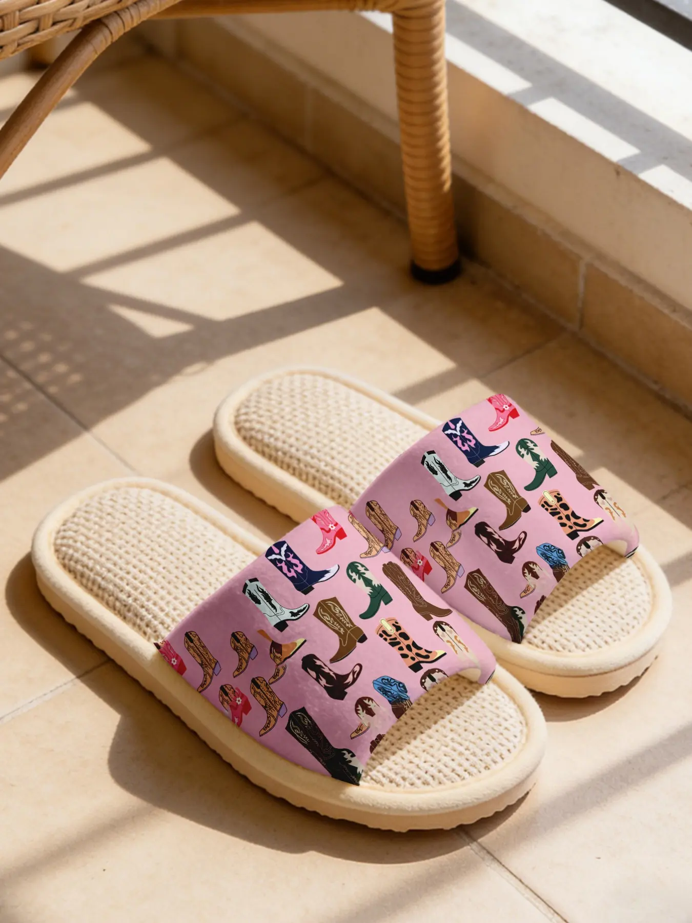Colorful Cowboy Boot Print Linen Slippers Vintage Western Style Cloud-Feel Linen Breathable Non-Slip Must-Have For Trend Lovers Home & Outdoor