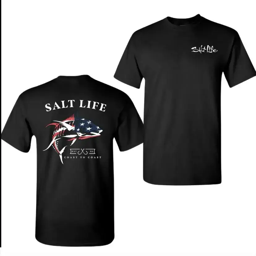 [Graphic T-Shirt] 100% Cotton - Salt Life Coast to Coast Patriotic Fish Graphic Tee, American Outdoors Fishing Shirt, Vintage Coastal Lifestyle T-Shirt for Men and Women ,printed shrits,T-Shirt for men